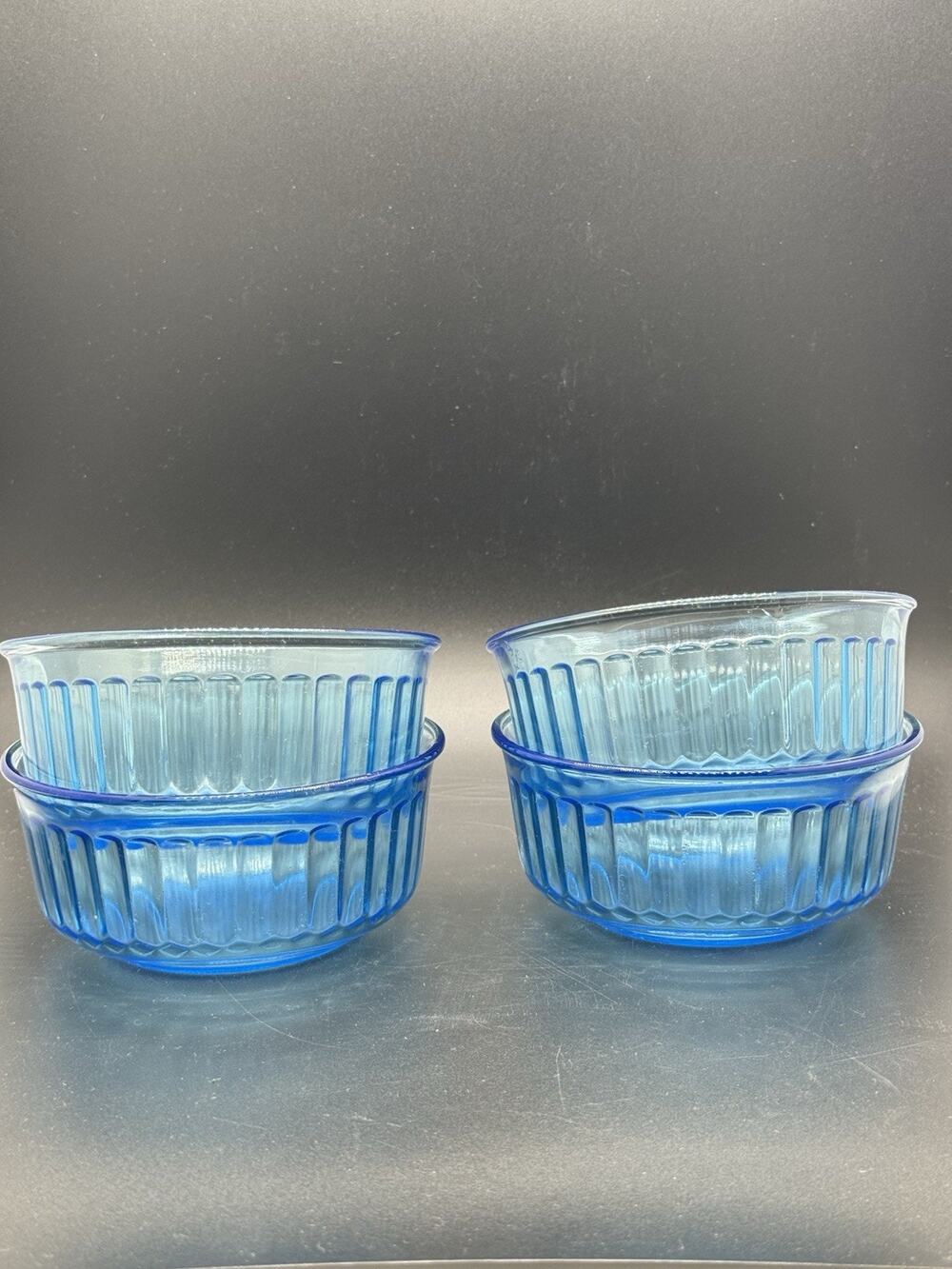 Set Of 4 Fortecrisa Ice blue Azure Ribbed Glass Dessert Cereal Bowls 5 1/4"